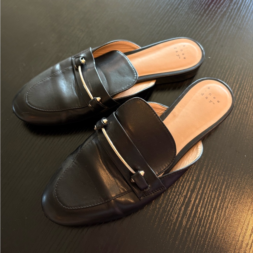 a new day Black Leather Mules